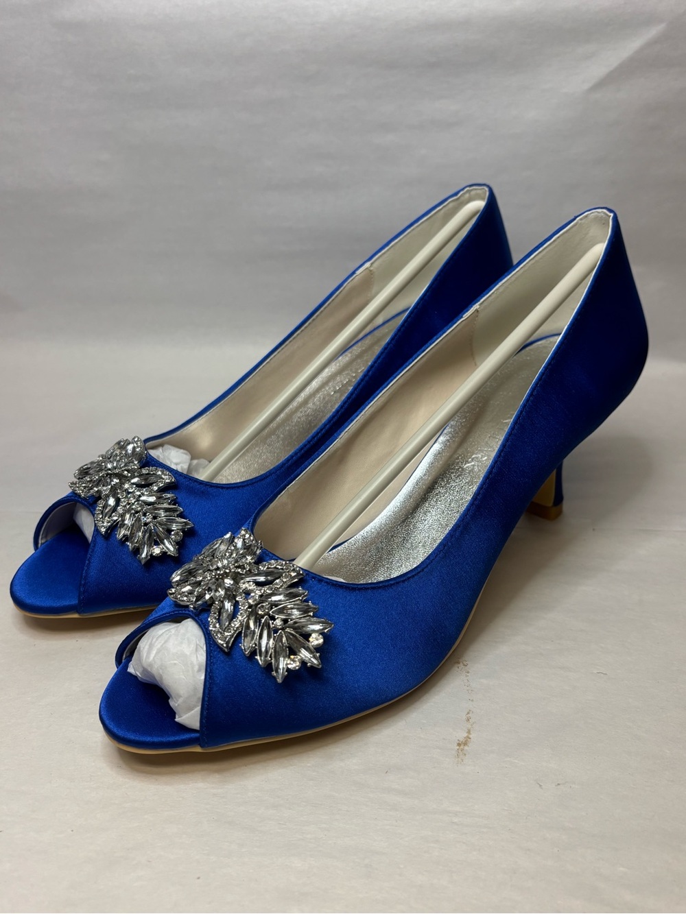 Elegant Park Royal Blue Satin Evening Pumps with Rhinestones #6075
